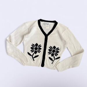 Vintage Wrapper Ivory Cardigan Black Floral Button Up Cotton Blend
